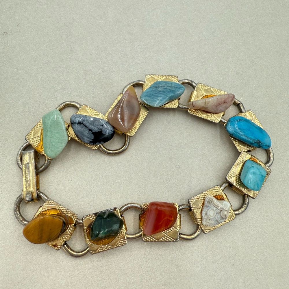 Vintage Semi Precious Gem Stone Link Bracelet Scottish Pebble Natural Stones 7"
